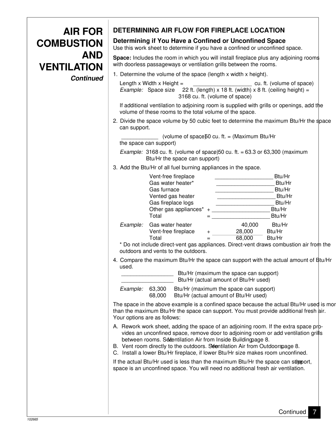 Desa CGF265PVA Determining AIR Flow for Fireplace Location, Determining if You Have a Confined or Unconfined Space 