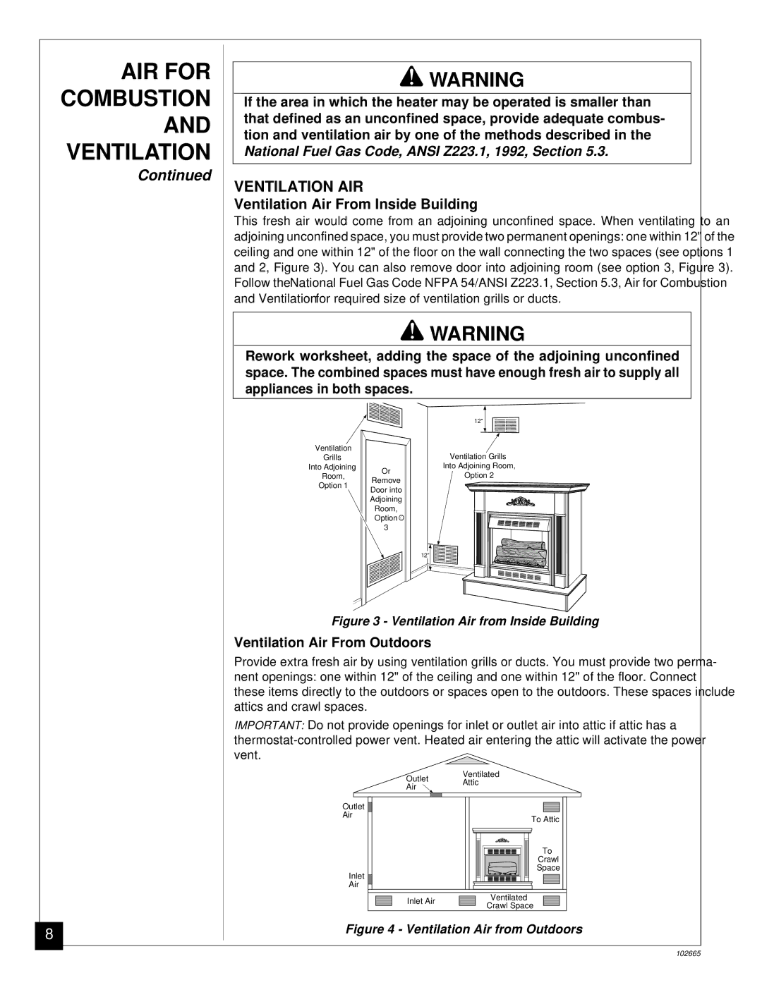 Desa CGF280PT, CGF265PVA Ventilation AIR, Ventilation Air From Inside Building, Ventilation Air From Outdoors 