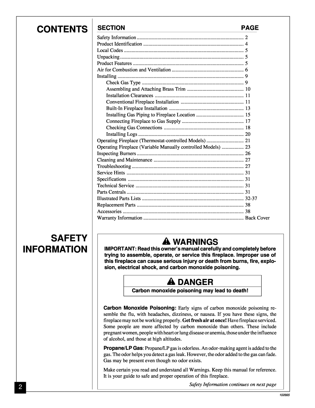 Desa CGF280PT, CGF265PVA Contents Safety Information, Warnings, Danger, Carbon monoxide poisoning may lead to death 