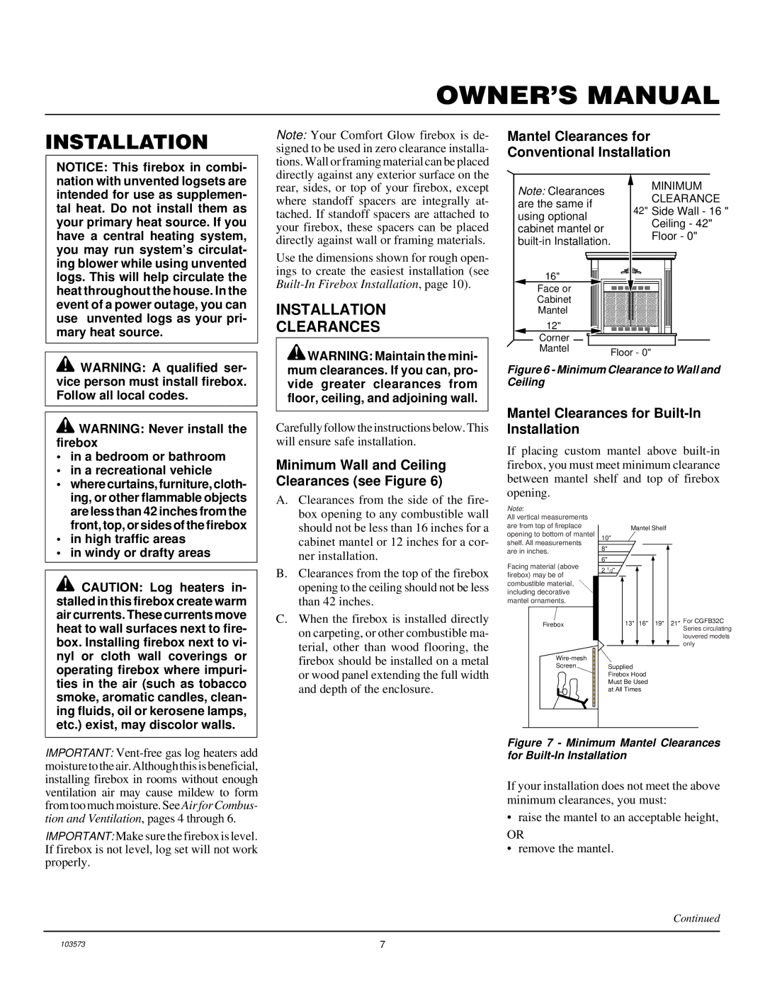 Desa CGFB32C installation manual Installation Clearances, Minimum Wall and Ceiling Clearances see Figure 