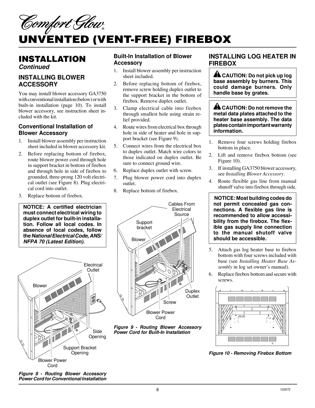 Desa CGFB32C Installing Blower Accessory, Installing LOG Heater in Firebox, Conventional Installation of Blower Accessory 