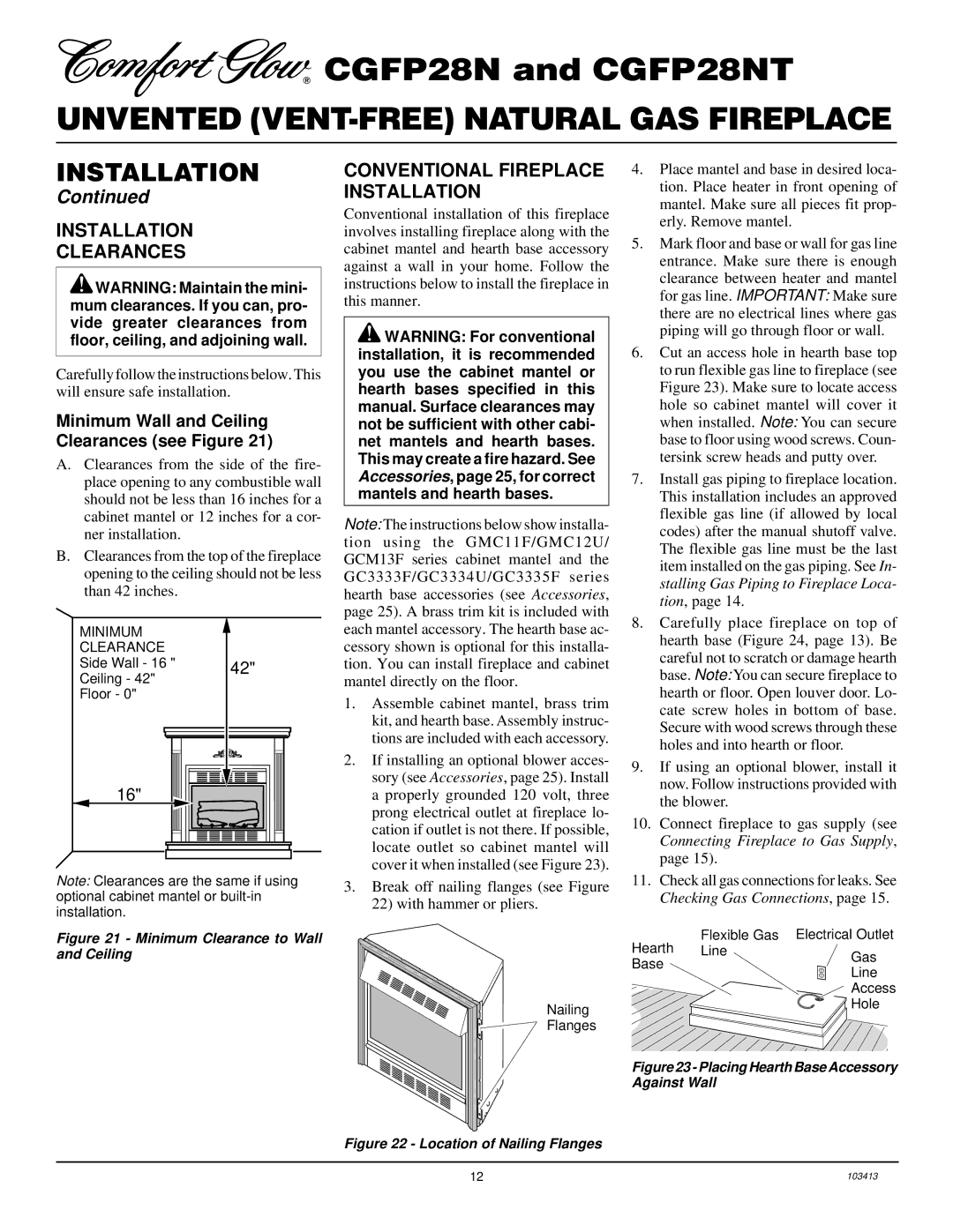 Desa CGFP28N Installation Clearances, Conventional Fireplace Installation, Minimum Wall and Ceiling Clearances see Figure 