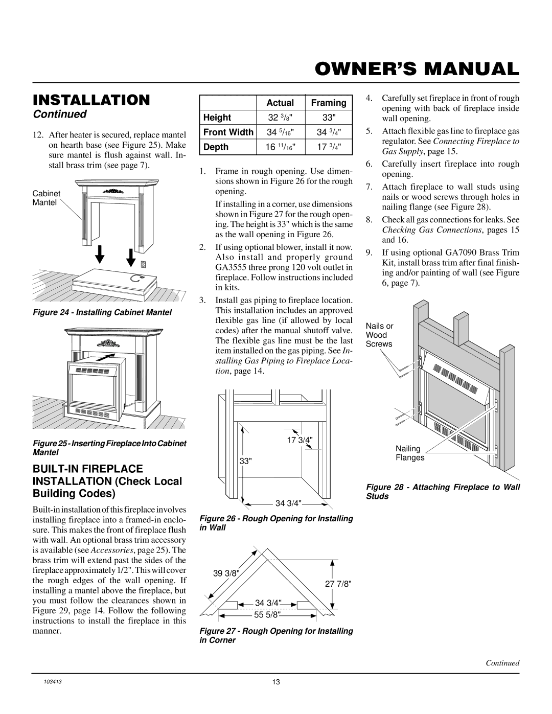 Desa CGFP28NT installation manual BUILT-IN Fireplace, Depth 