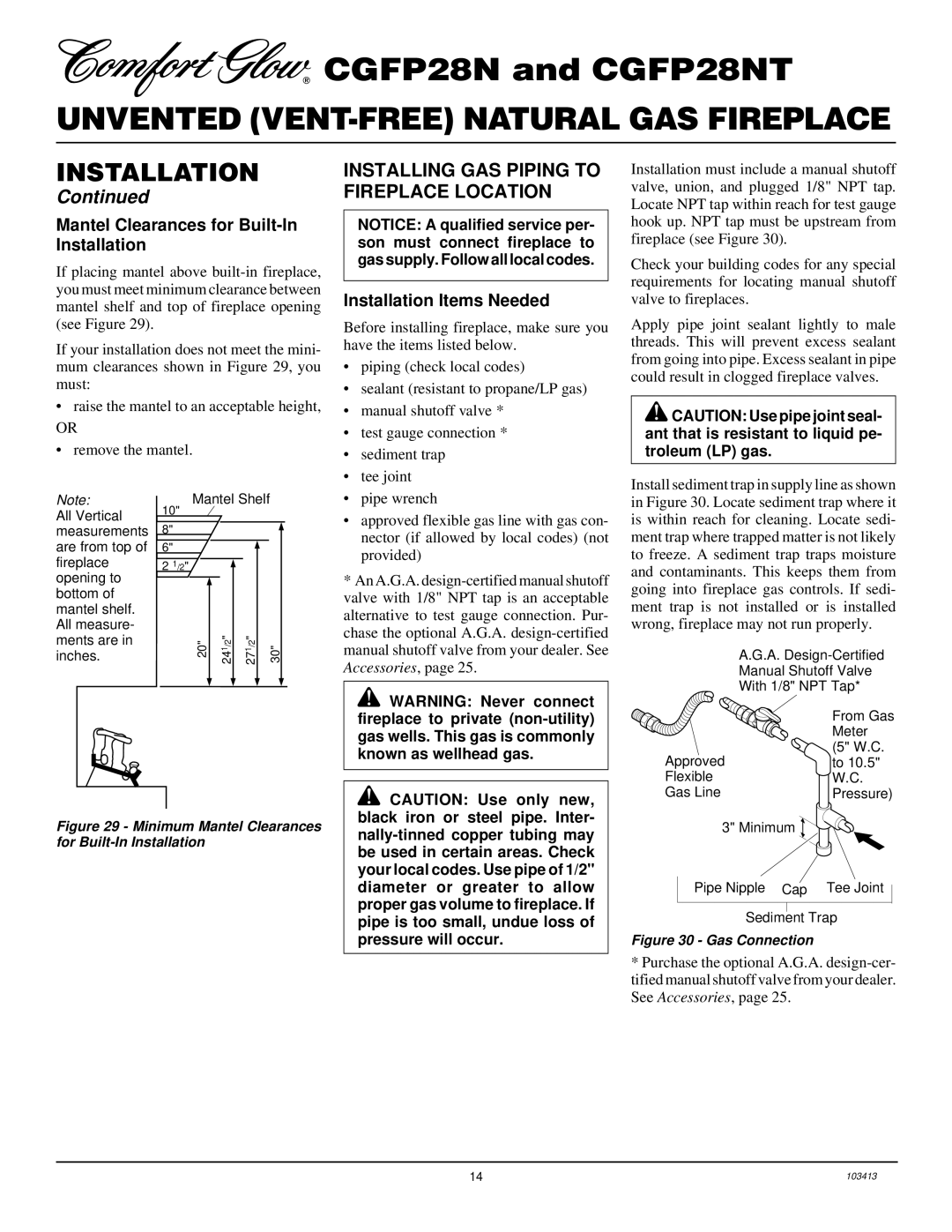 Desa CGFP28NT Installing GAS Piping to Fireplace Location, Mantel Clearances for Built-In Installation 