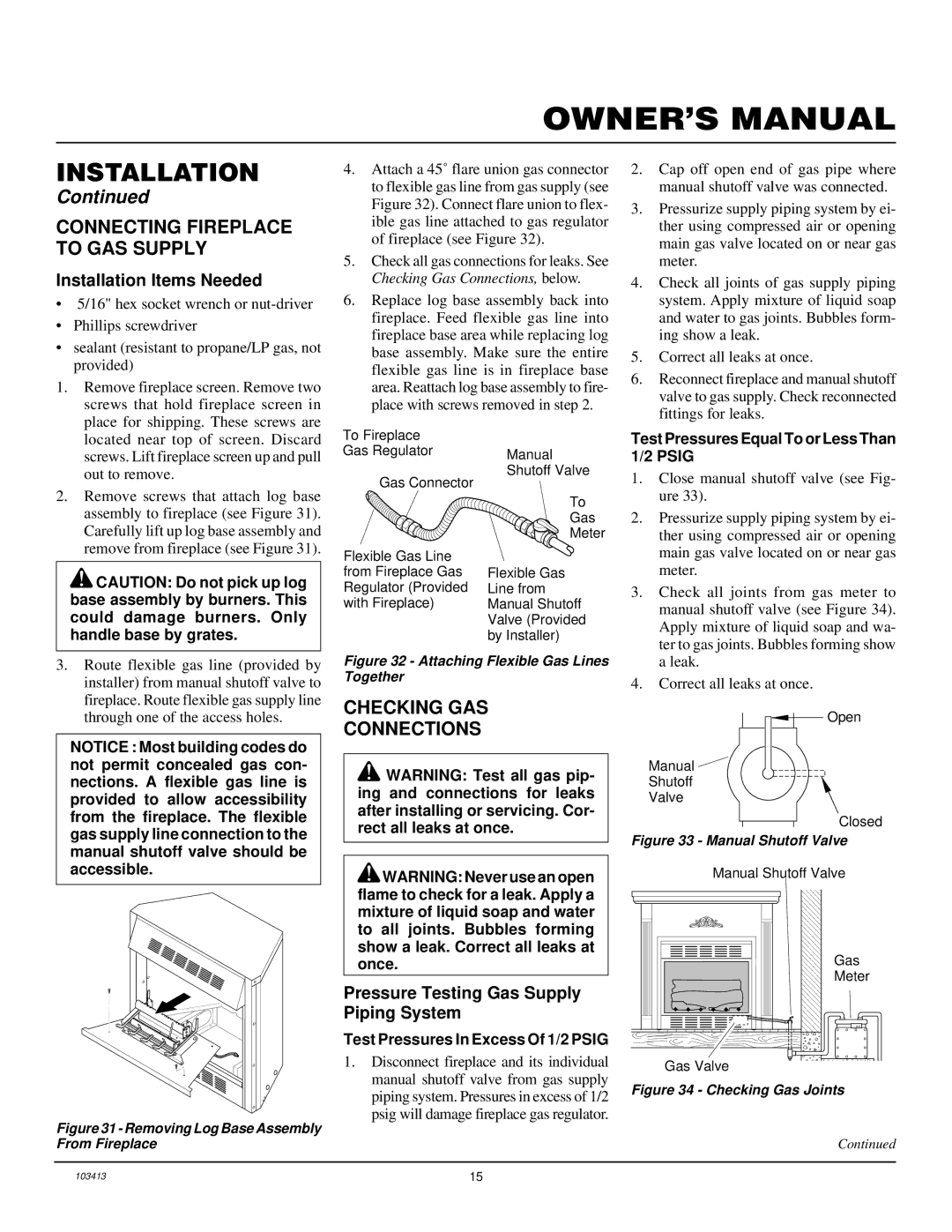 Desa CGFP28NT Connecting Fireplace to GAS Supply, Checking GAS Connections, Pressure Testing Gas Supply Piping System 