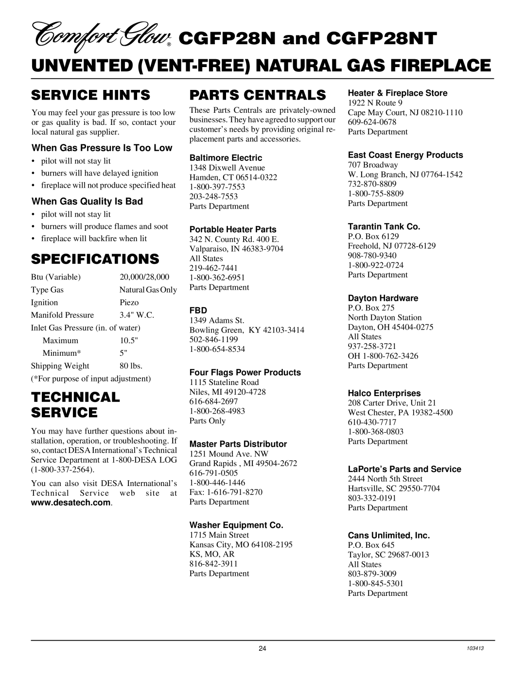 Desa CGFP28NT installation manual Service Hints, Parts Centrals, Specifications, Technical Service 