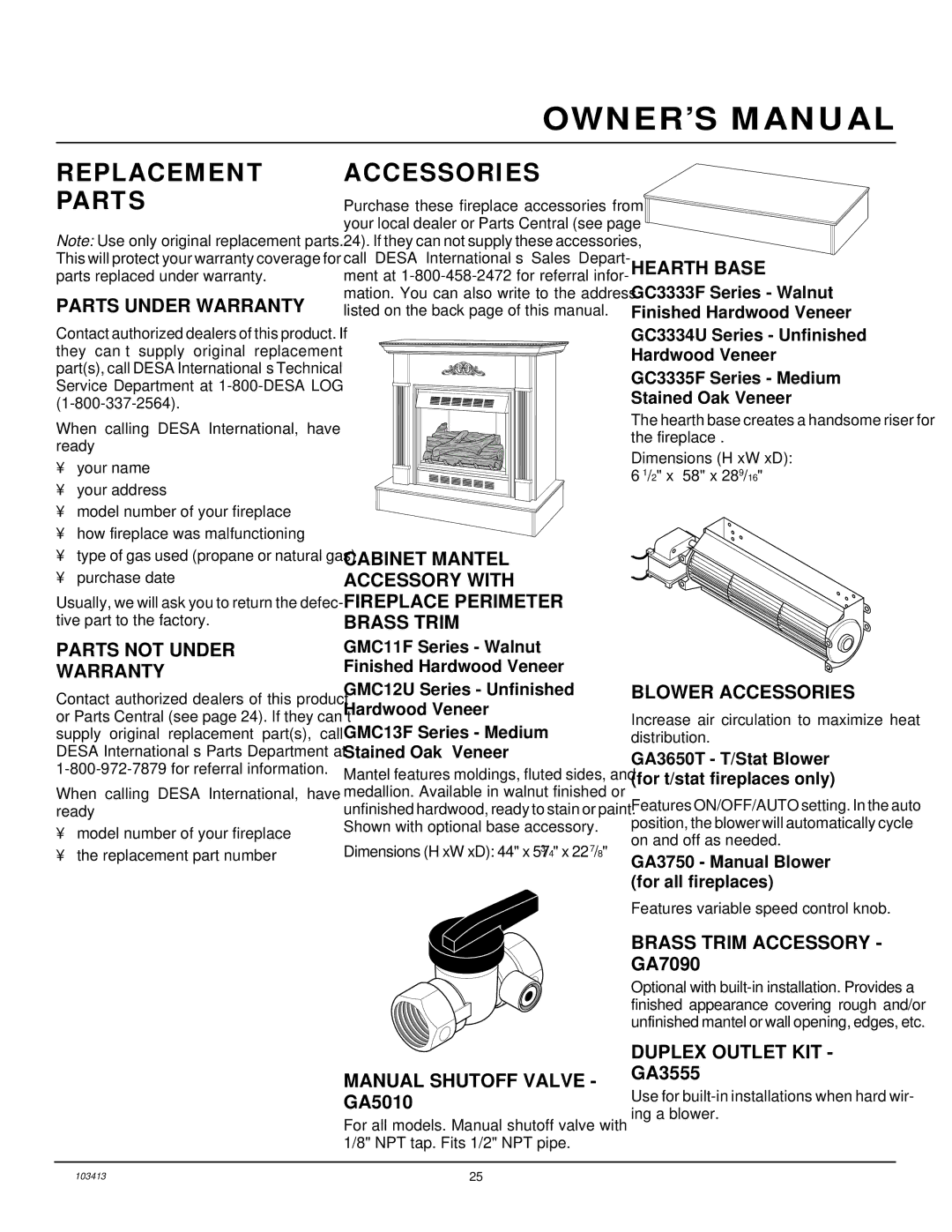 Desa CGFP28NT installation manual Replacement Parts, Accessories 