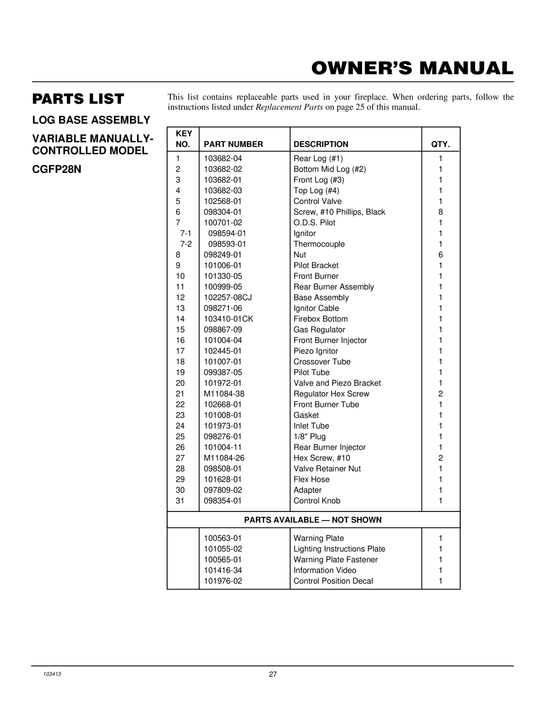 Desa CGFP28NT installation manual Parts List, KEY Part Number Description QTY 