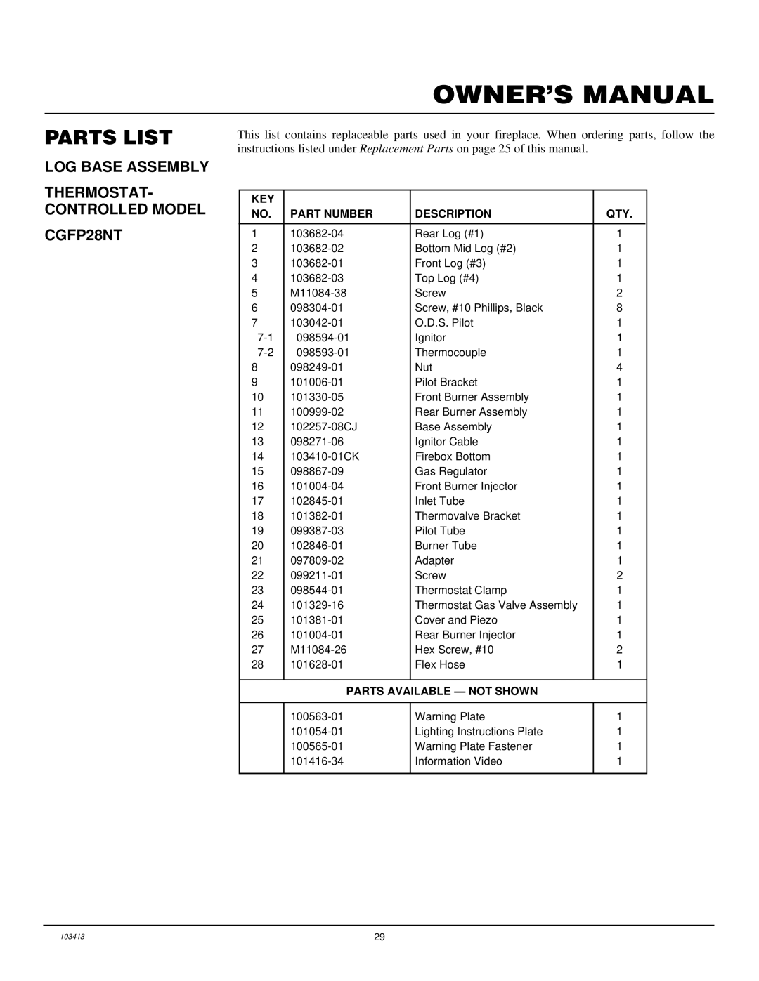 Desa CGFP28NT installation manual Parts List 