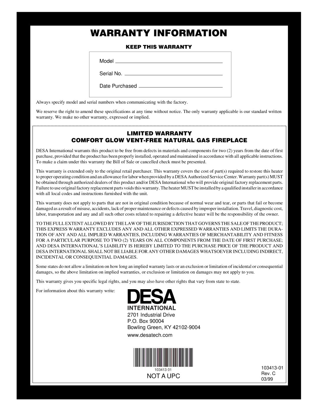 Desa CGFP28NT installation manual Warranty Information 