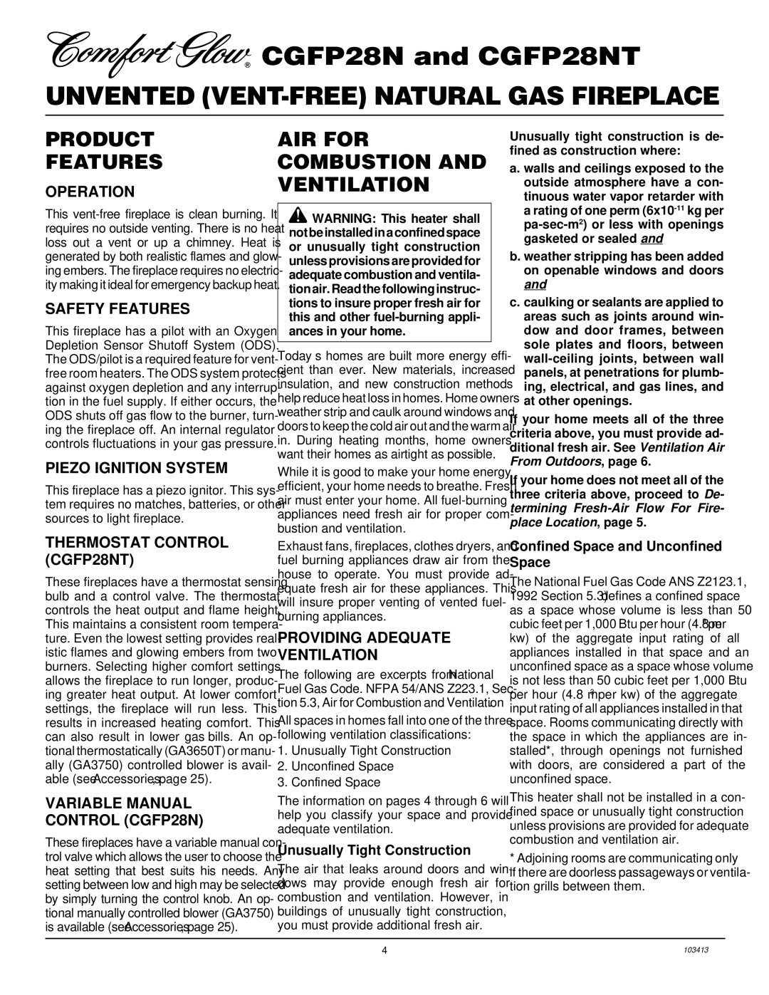 Desa CGFP28NT installation manual Product Features, AIR for Combustion and Ventilation 