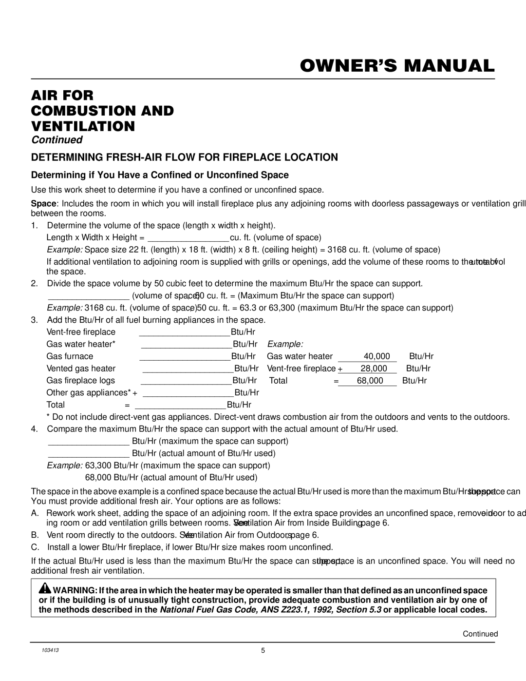 Desa CGFP28NT installation manual AIR for Combustion Ventilation, Determining FRESH-AIR Flow for Fireplace Location 