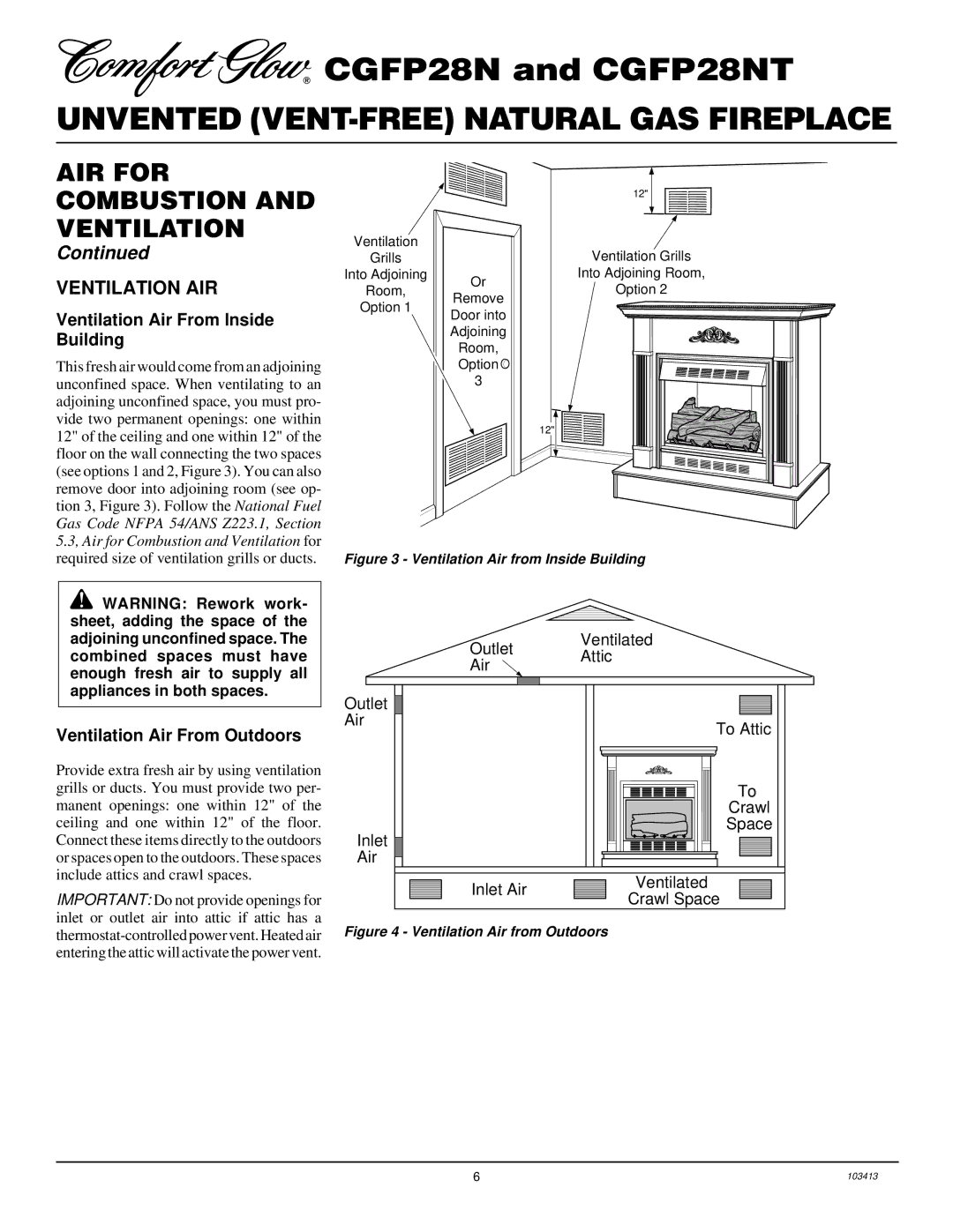 Desa CGFP28NT installation manual Ventilation AIR, Ventilation Air From Inside Building, Ventilation Air From Outdoors 