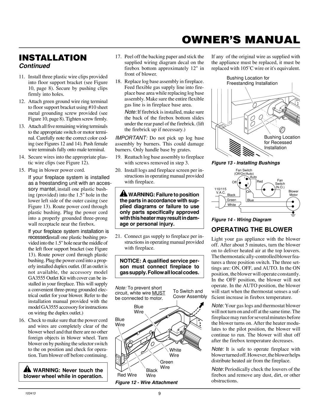 Desa CGFP28NT installation manual Operating the Blower, Metal grounding screw provided see 