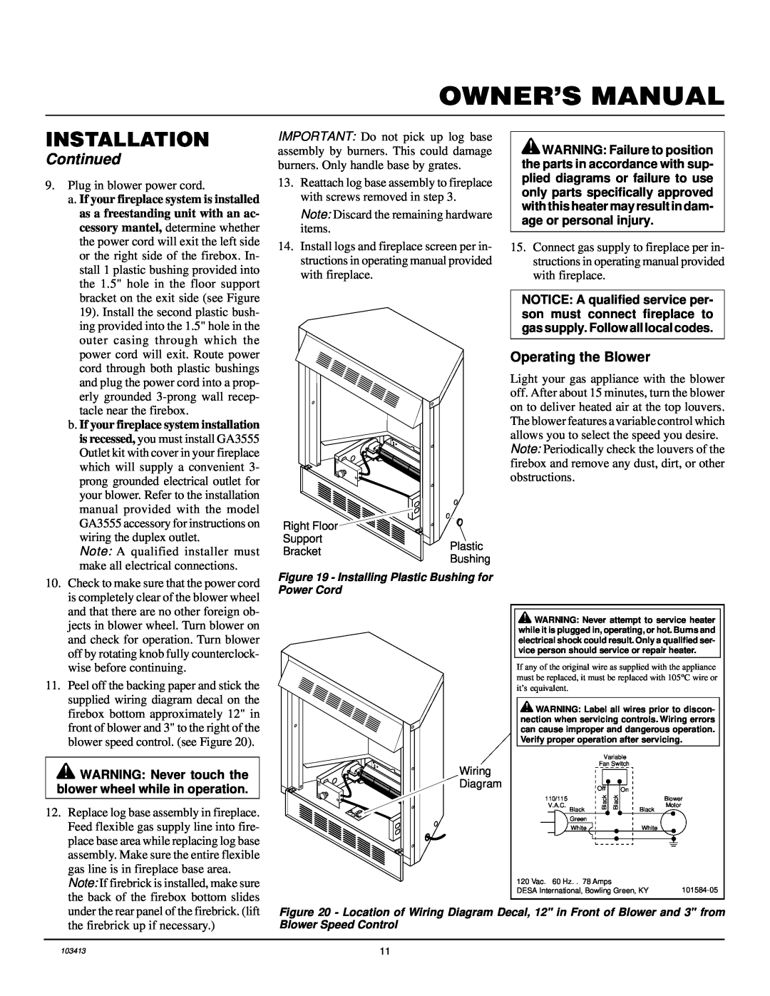 Desa CGFP28NT installation manual Operating the Blower, Installation, Continued, a. If your fireplace system is installed 