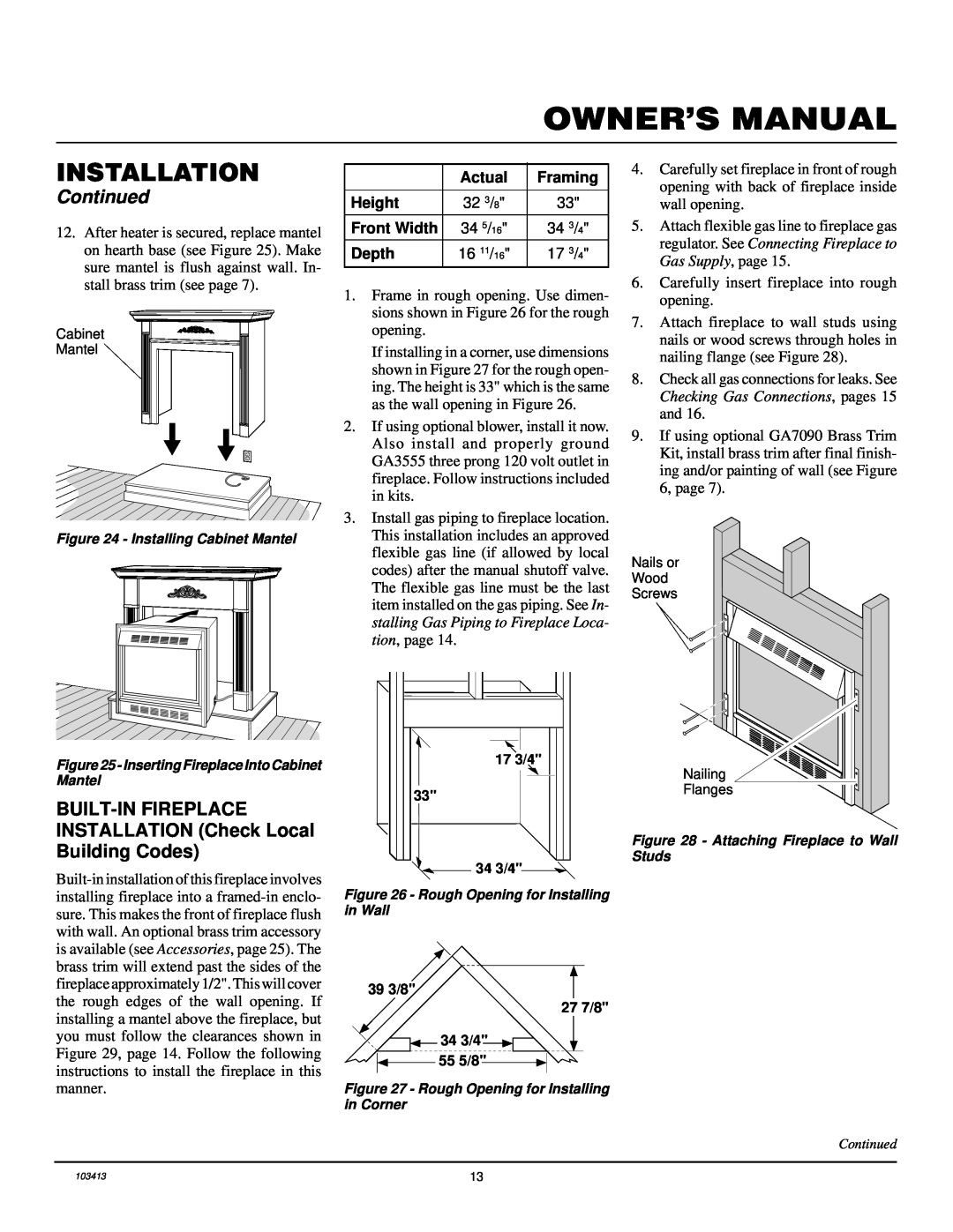 Desa CGFP28NT installation manual BUILT-INFIREPLACE INSTALLATION Check Local, Building Codes, Installation, Continued 