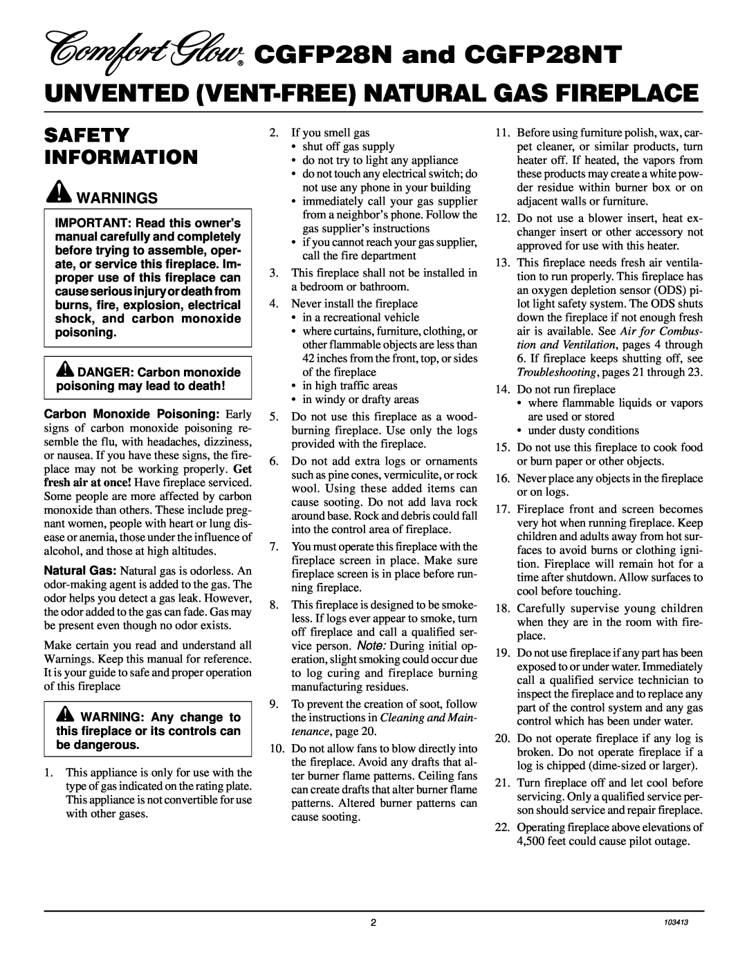 Desa installation manual CGFP28N and CGFP28NT, Unvented Vent-Freenatural Gas Fireplace, Safety Information, Warnings 