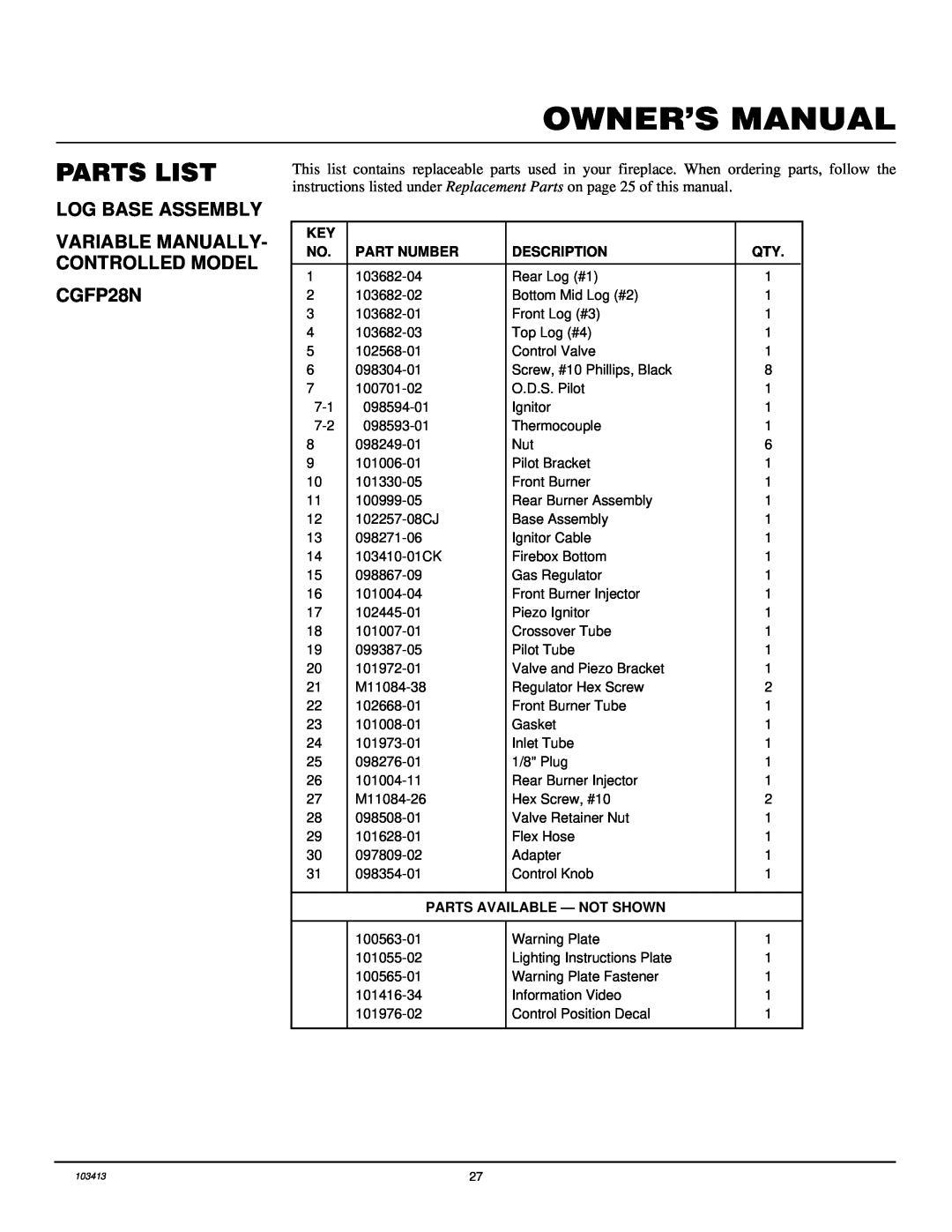 Desa CGFP28NT Parts List, Log Base Assembly, VARIABLE MANUALLY- CONTROLLED MODEL CGFP28N, Part Number, Description 