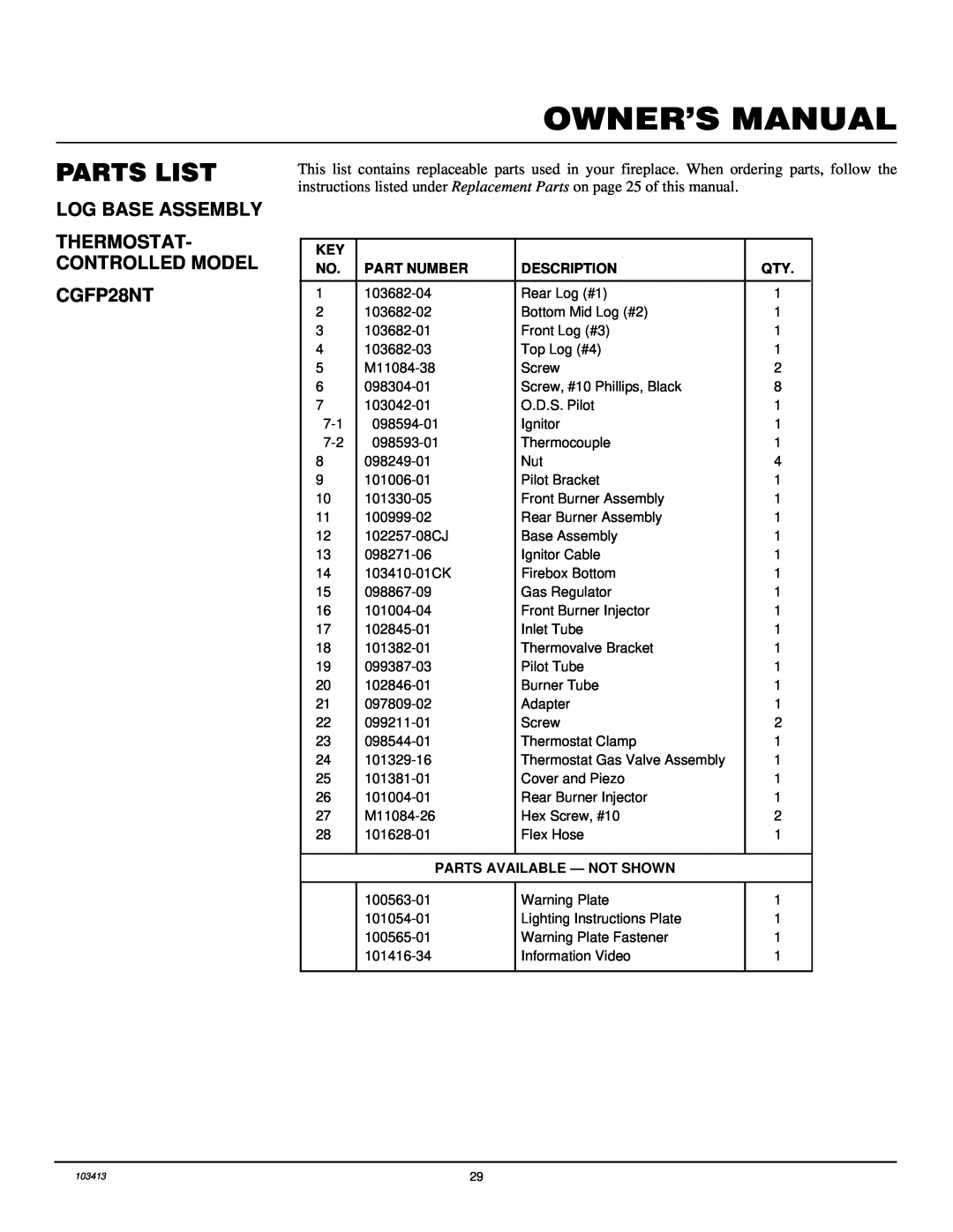 Desa CGFP28NT installation manual Parts List, Log Base Assembly Thermostat- Controlled Model, Part Number, Description 