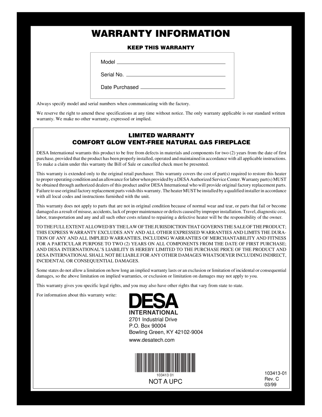 Desa CGFP28N Warranty Information, Limited Warranty, Comfort Glow Vent-Freenatural Gas Fireplace, International, Not A Upc 