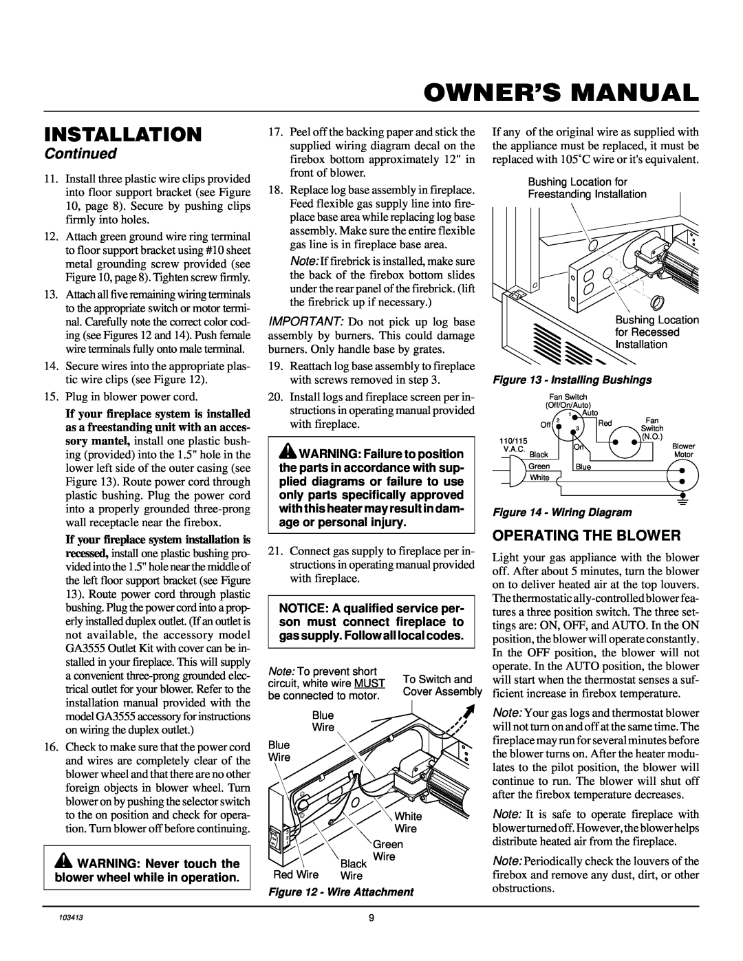 Desa CGFP28NT installation manual Operating The Blower, Installation, Continued, If your fireplace system is installed 