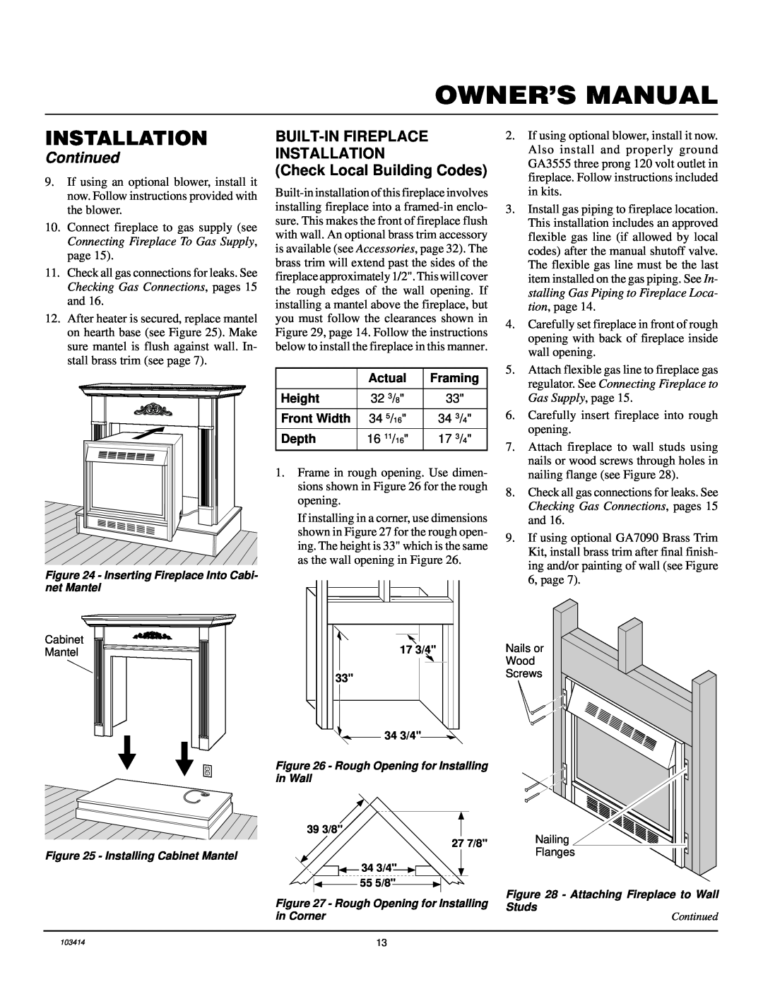 Desa CGFP28PT installation manual Built-Infireplace Installation, Check Local Building Codes, Continued 