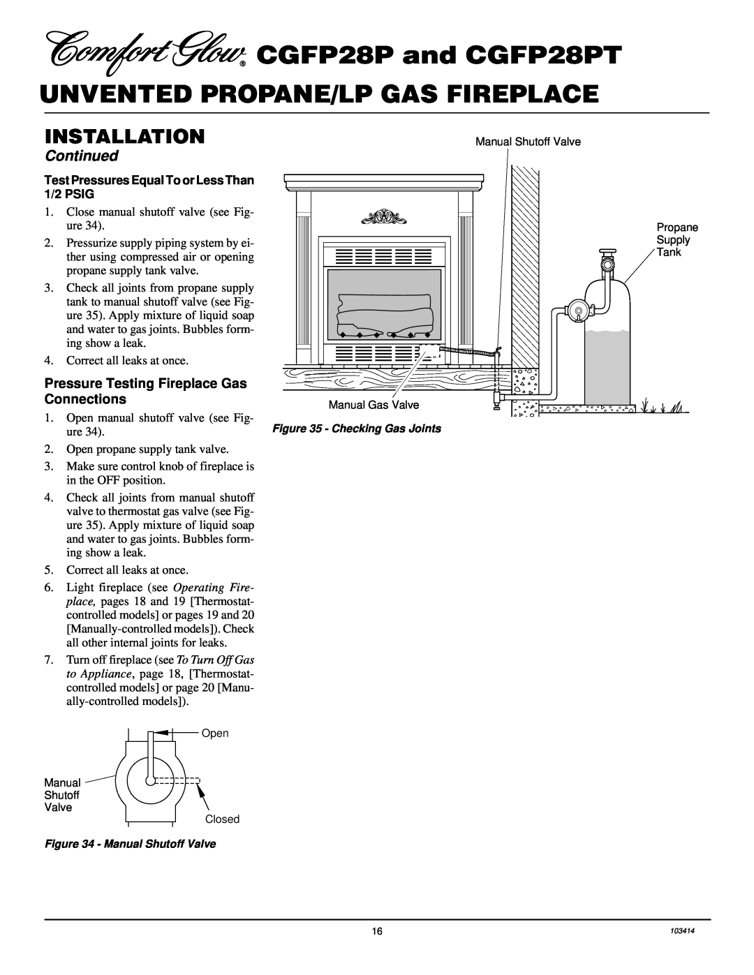 Desa installation manual CGFP28P and CGFP28PT, Unvented Propane/Lp Gas Fireplace, Installation, Continued 