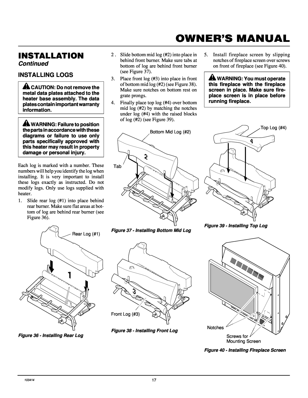 Desa CGFP28PT installation manual Installing Logs, Installation, Continued 