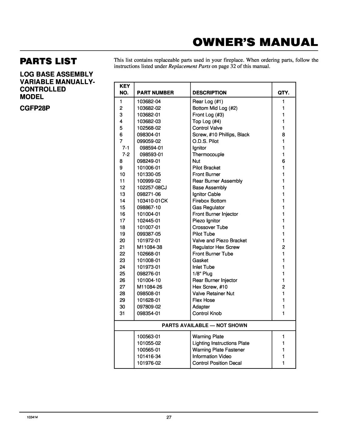 Desa CGFP28PT installation manual Parts List, Part Number, Description, Parts Available - Not Shown 