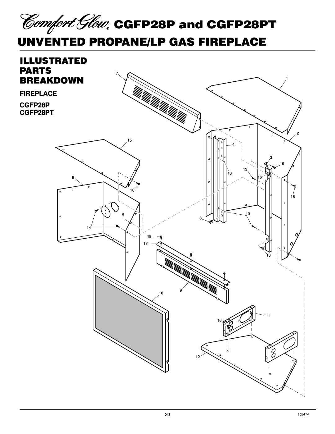 Desa CGFP28P and CGFP28PT, Unvented Propane/Lp Gas Fireplace, Illustrated, Parts, Breakdown, 6 14 18 17 16 9 