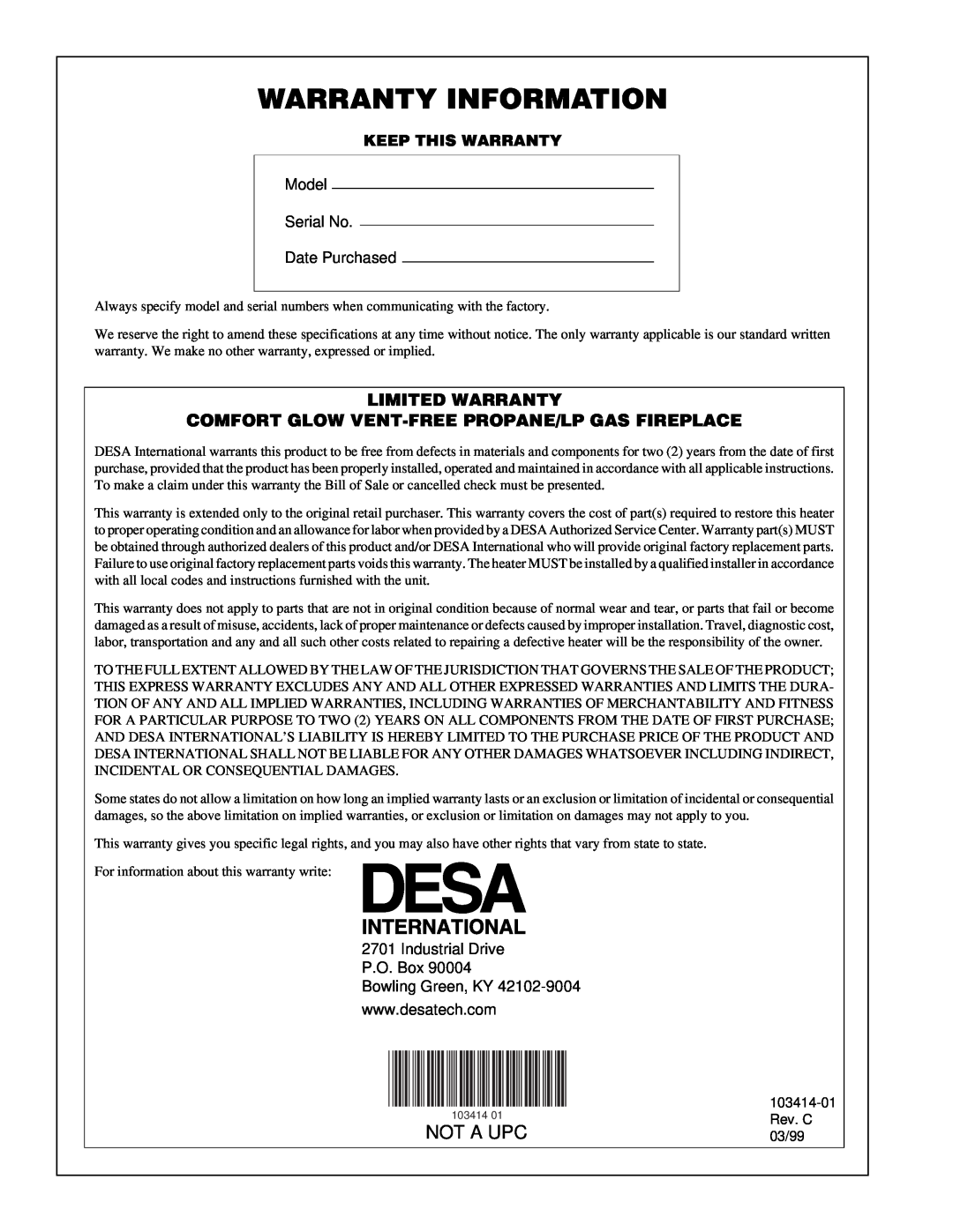 Desa CGFP28PT Warranty Information, Not A Upc, Model Serial No Date Purchased, Industrial Drive P.O. Box Bowling Green, KY 