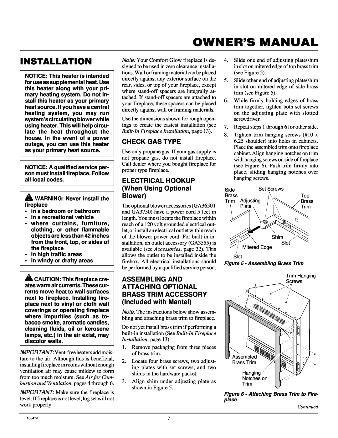 Desa CGFP28PT installation manual Installation, Check Gas Type, ELECTRICAL HOOKUP When Using Optional Blower 