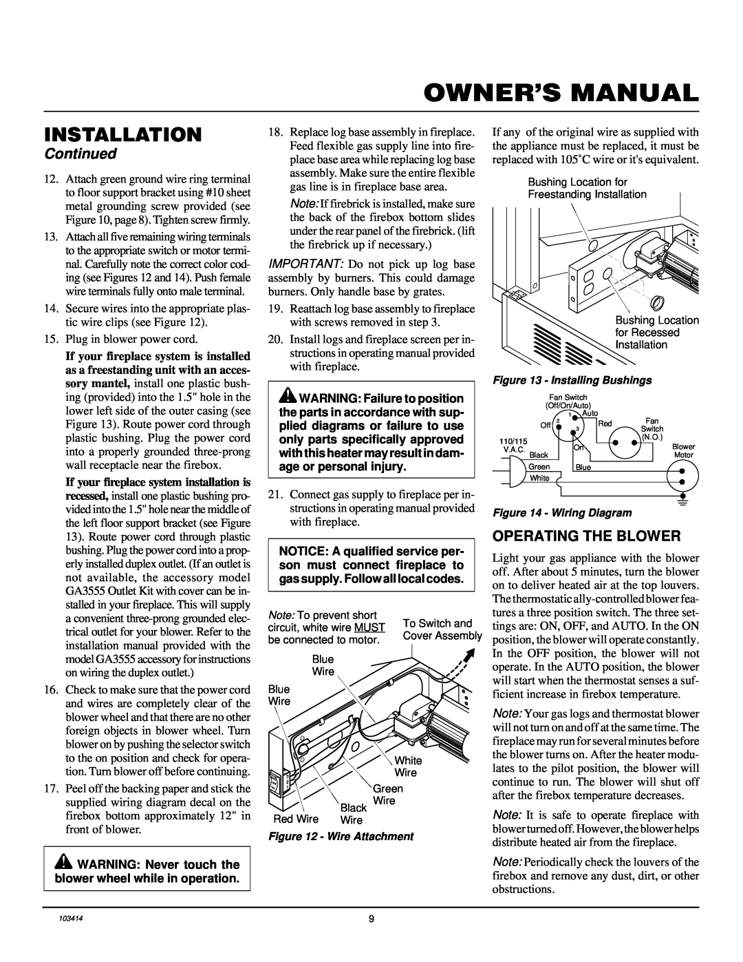Desa CGFP28PT installation manual Operating The Blower, Installation, Continued, If your fireplace system is installed 
