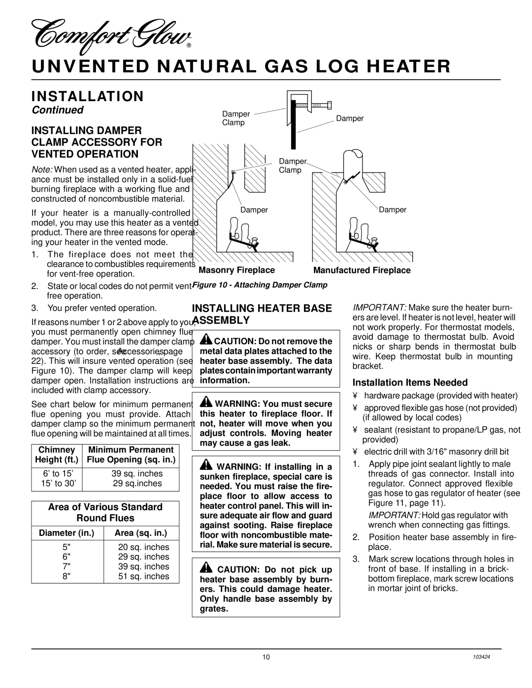 Desa CGG3324N(T), CGG3630N Installing Damper Clamp Accessory for Vented Operation, Installing Heater Base Assembly 