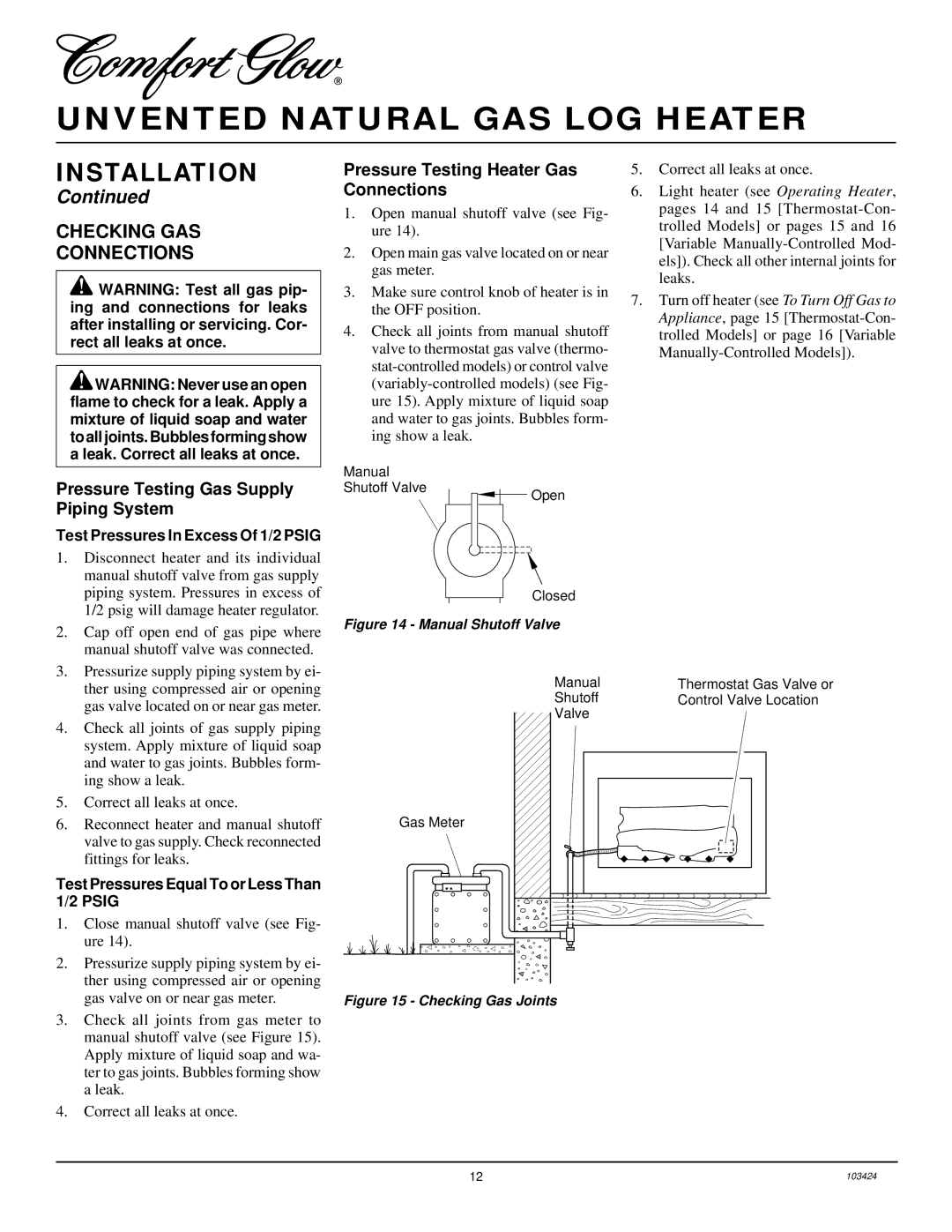 Desa CGG3630N Checking GAS Connections, Pressure Testing Gas Supply Piping System, Pressure Testing Heater Gas Connections 