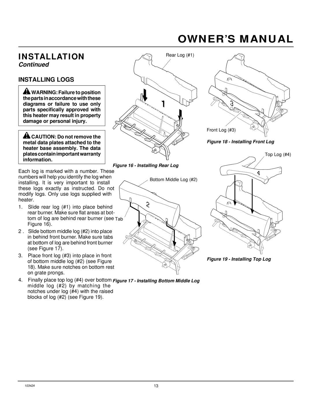 Desa CGG3324N(T), CGG3630N, CGG2618N installation manual Installing Logs, Installing Rear Log 