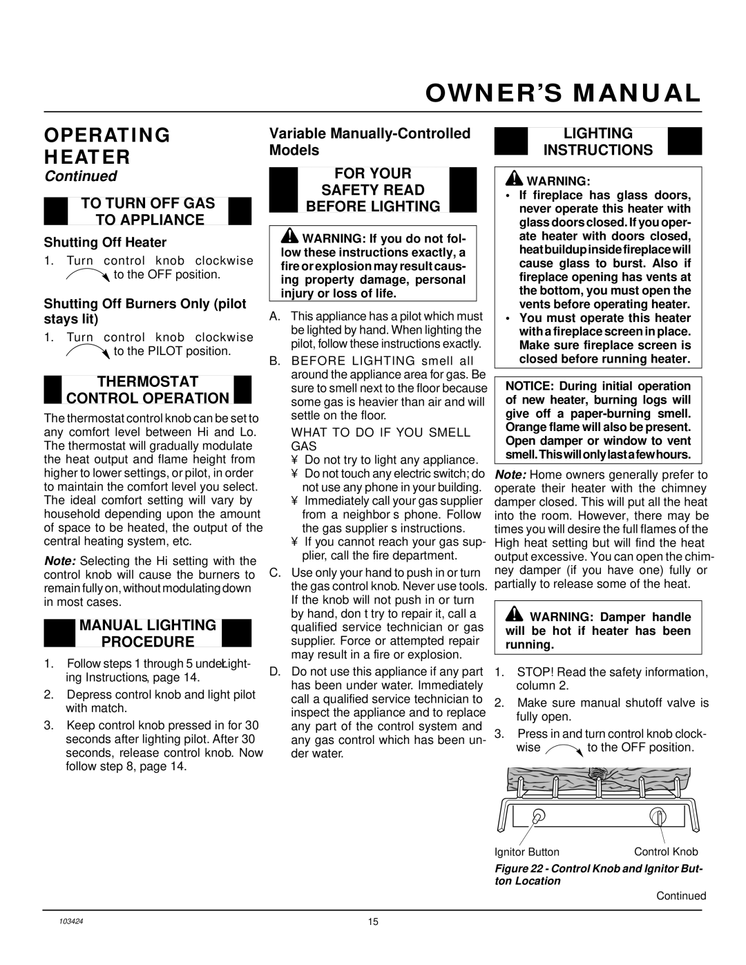 Desa CGG3630N To Turn OFF GAS To Appliance, Thermostat Control Operation, Manual Lighting Procedure, Shutting Off Heater 