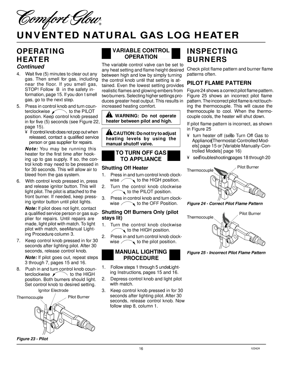 Desa CGG3324N(T), CGG3630N, CGG2618N installation manual Inspecting Burners, Variable Control Operation, Pilot Flame Pattern 