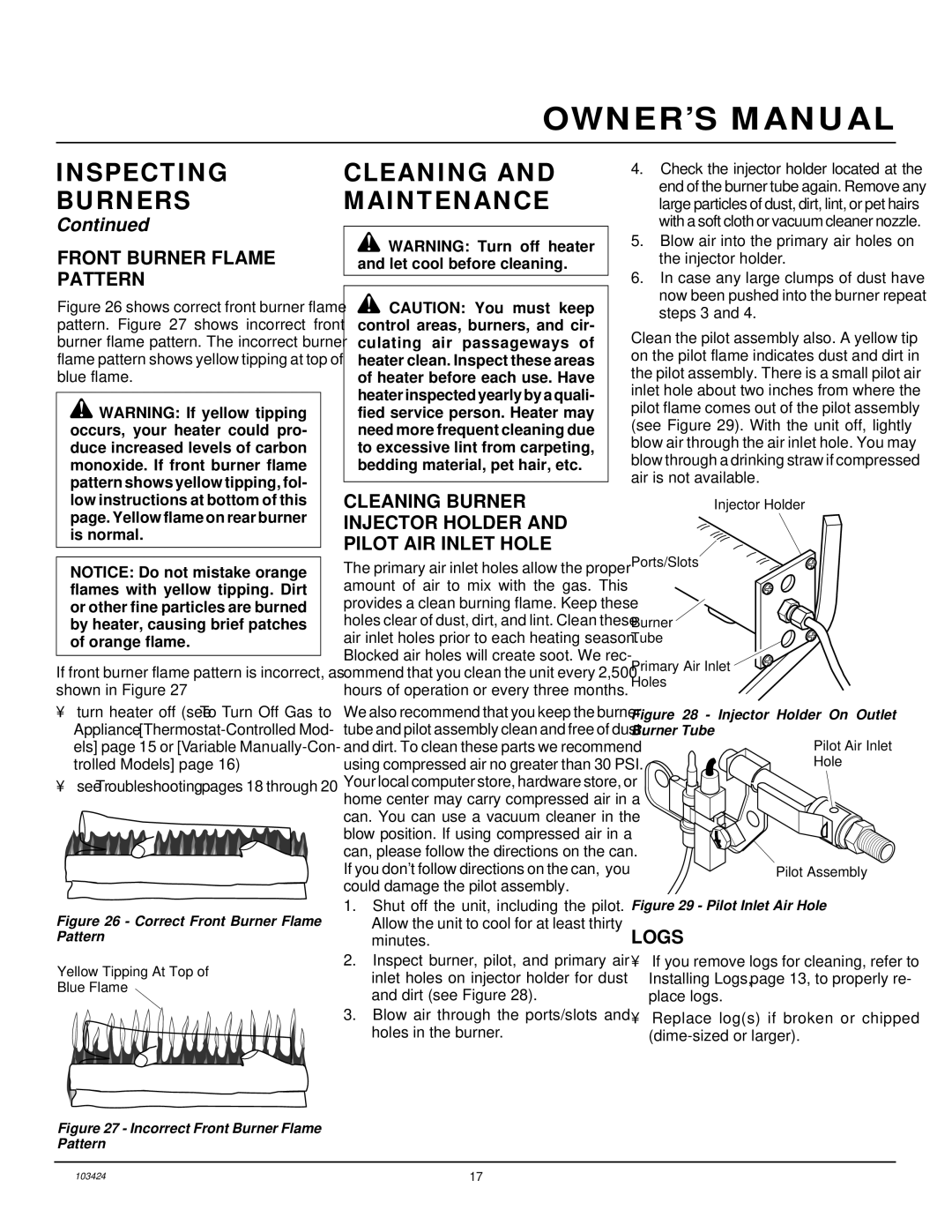 Desa CGG2618N, CGG3630N, CGG3324N(T) installation manual Cleaning and Maintenance, Front Burner Flame Pattern, Logs 