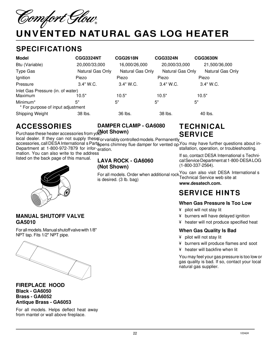 Desa CGG3324N(T), CGG3630N, CGG2618N installation manual Specifications, Accessories, Technical Service, Service Hints 