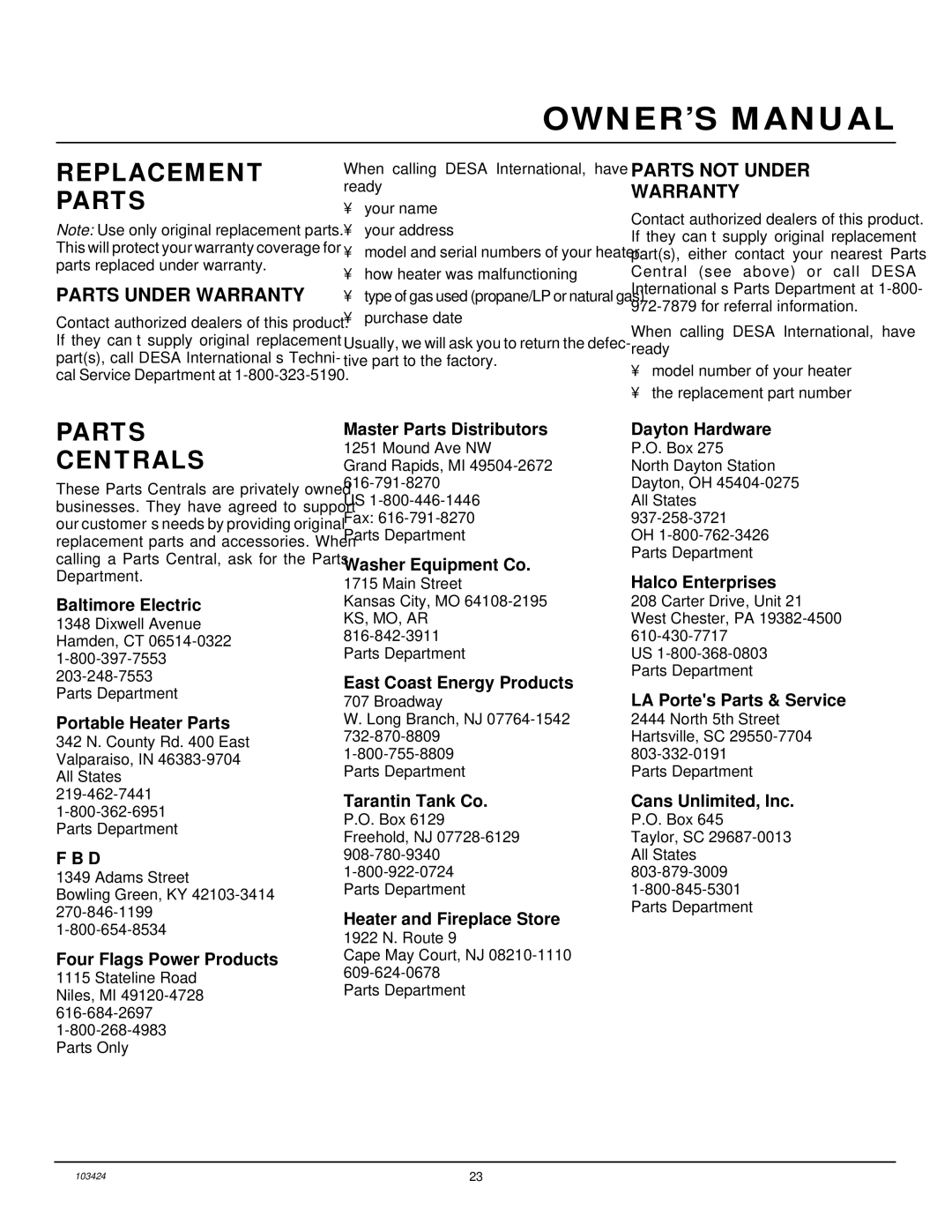 Desa CGG2618N, CGG3630N, CGG3324N(T) Replacement Parts, Parts Centrals, Parts Under Warranty, Parts not Under Warranty 