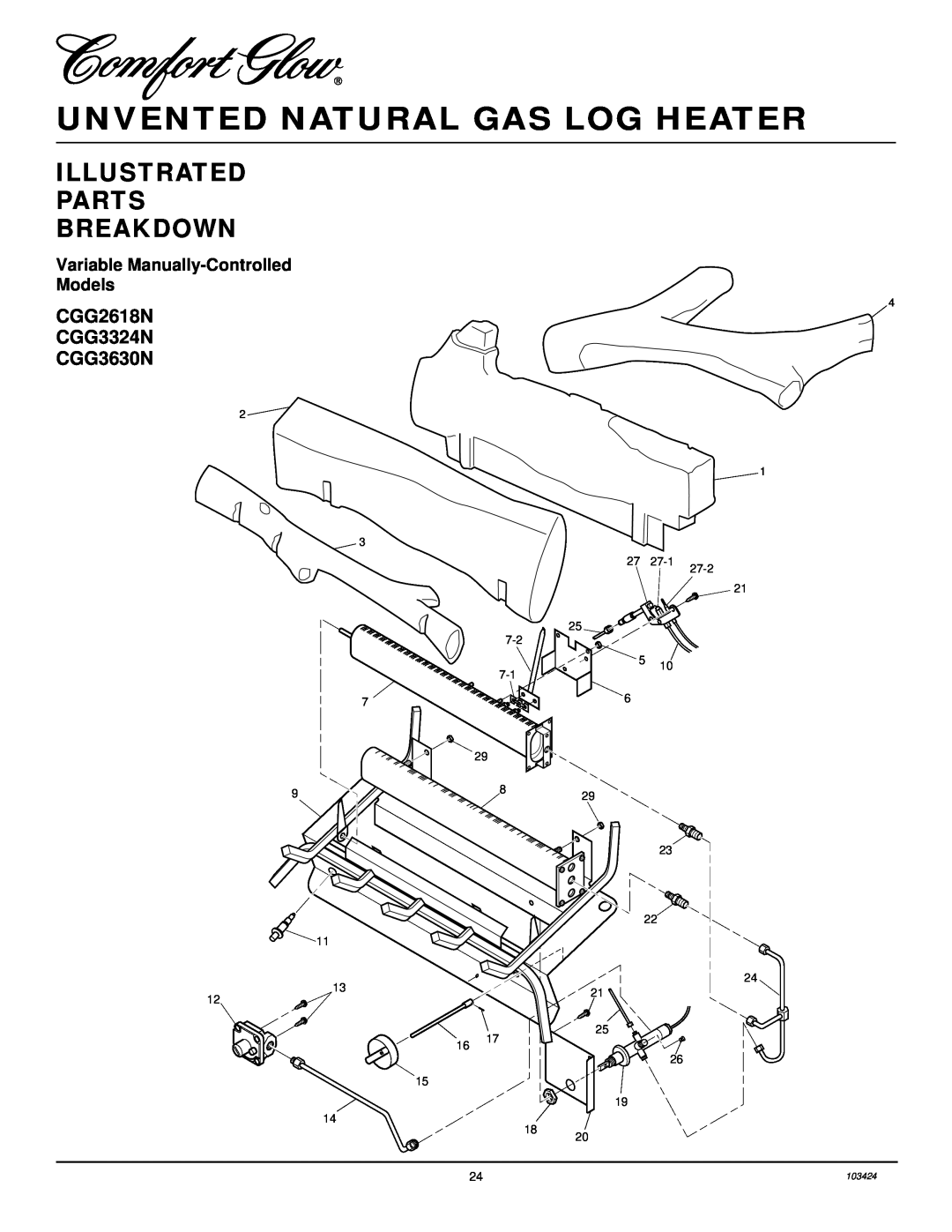 Desa CGG3324N(T) Illustrated Parts Breakdown, CGG2618N CGG3324N CGG3630N, Unvented Natural Gas Log Heater 