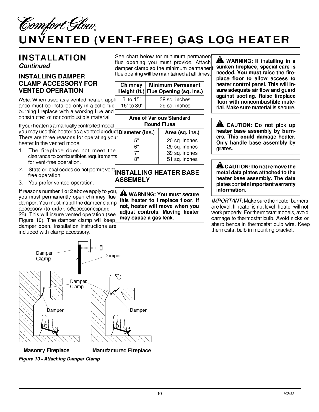 Desa CGG3324P(T), CGG3630P Installing Damper Clamp Accessory for Vented Operation, Installing Heater Base Assembly 