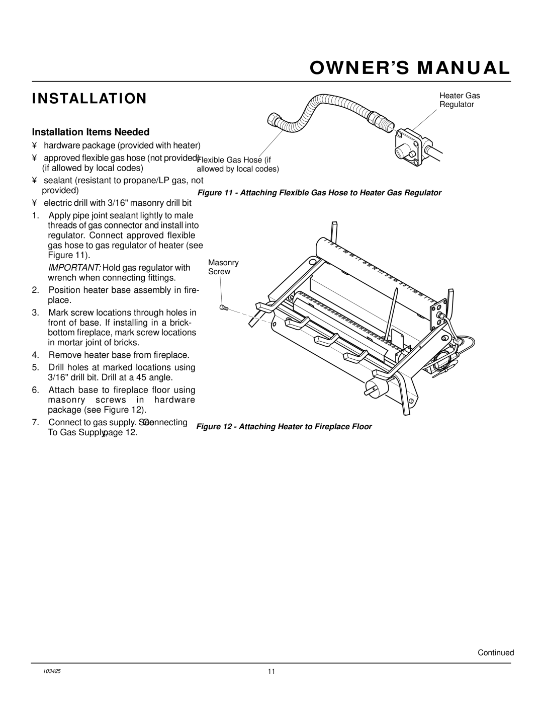 Desa CGG2618P, CGG3630P, CGG3324P(T) Installation Items Needed, Attaching Flexible Gas Hose to Heater Gas Regulator 