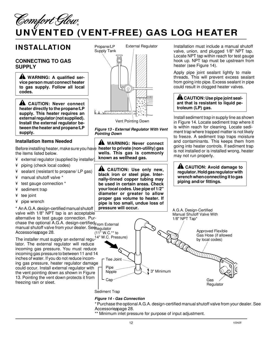 Desa CGG3630P, CGG3324P(T), CGG2618P installation manual Connecting to GAS Supply, External Regulator With Vent Pointing Down 