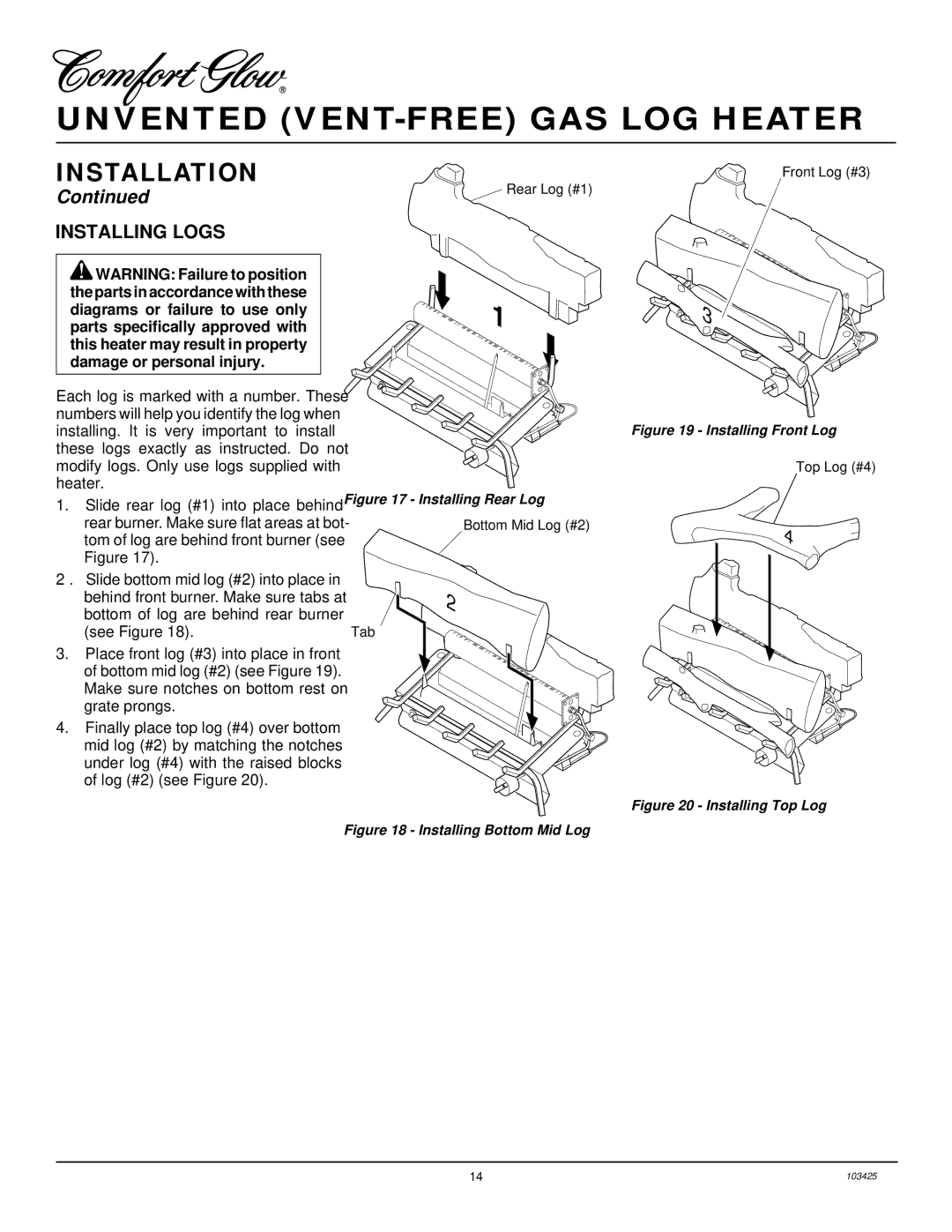 Desa CGG2618P, CGG3630P, CGG3324P(T) installation manual Installing Logs, Installing Rear Log 