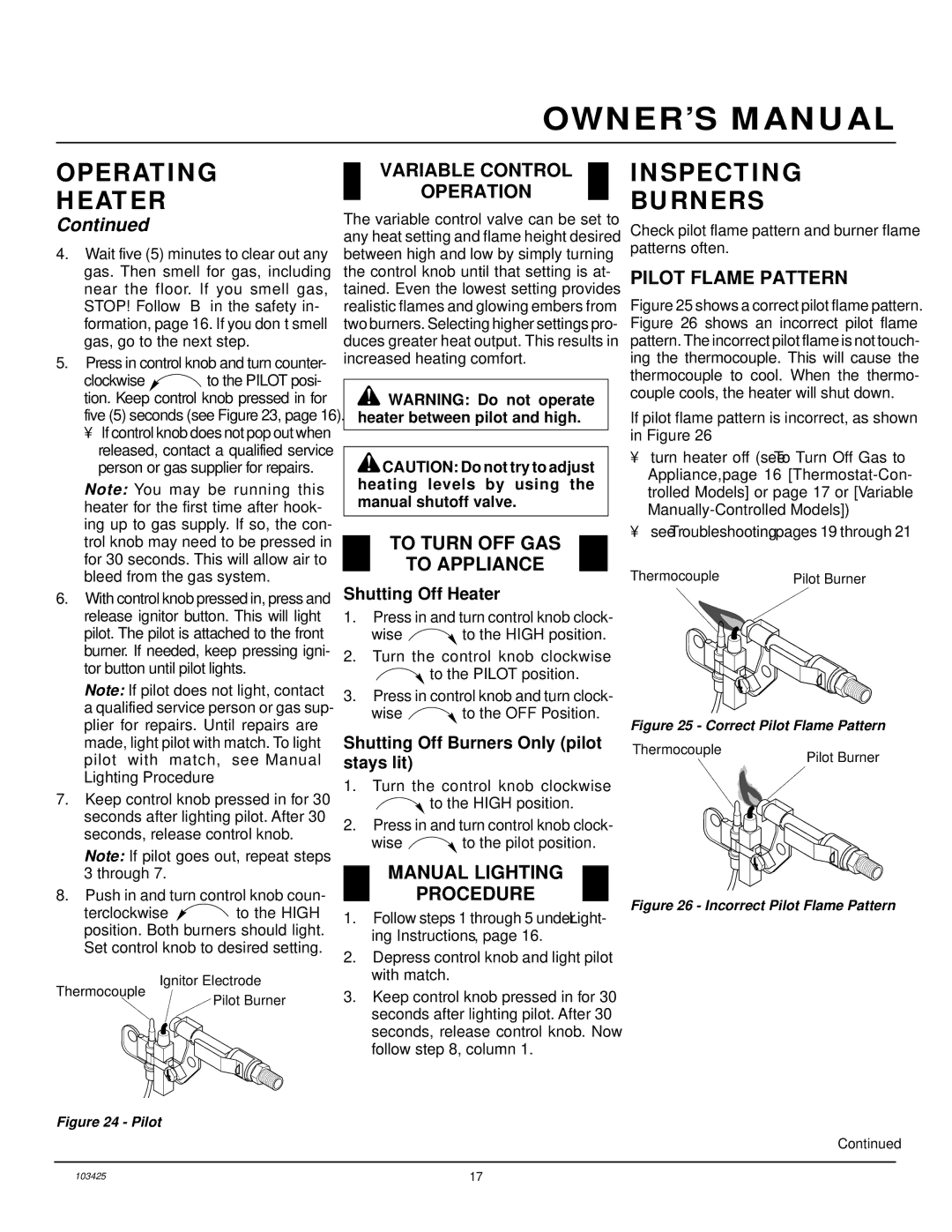 Desa CGG2618P, CGG3630P, CGG3324P(T) installation manual Inspecting Burners, Variable Control Operation, Pilot Flame Pattern 