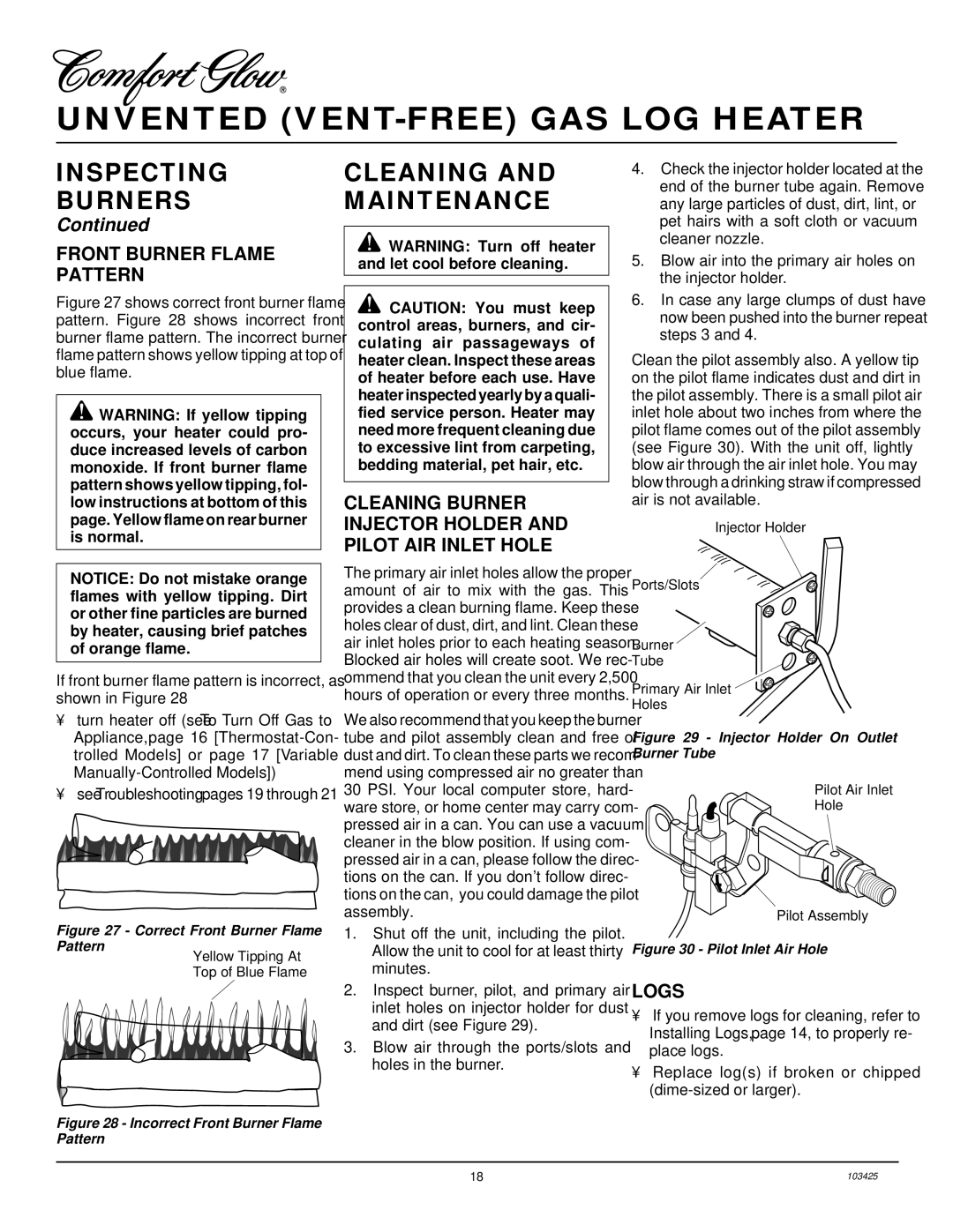 Desa CGG3630P, CGG3324P(T), CGG2618P installation manual Cleaning and Maintenance, Front Burner Flame Pattern, Logs 