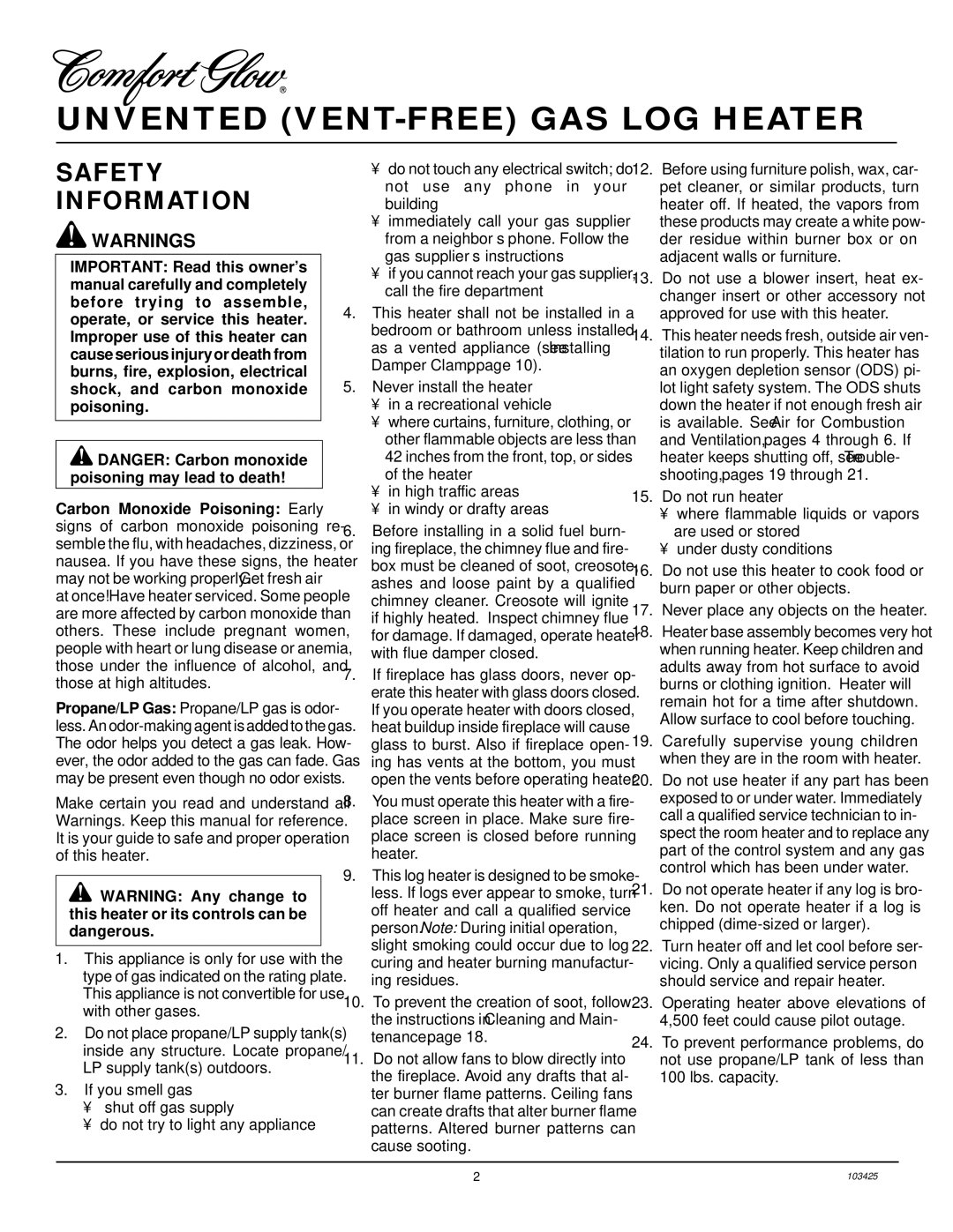 Desa CGG2618P, CGG3630P, CGG3324P(T) installation manual Unvented VENT-FREE GAS LOG Heater, Safety Information 