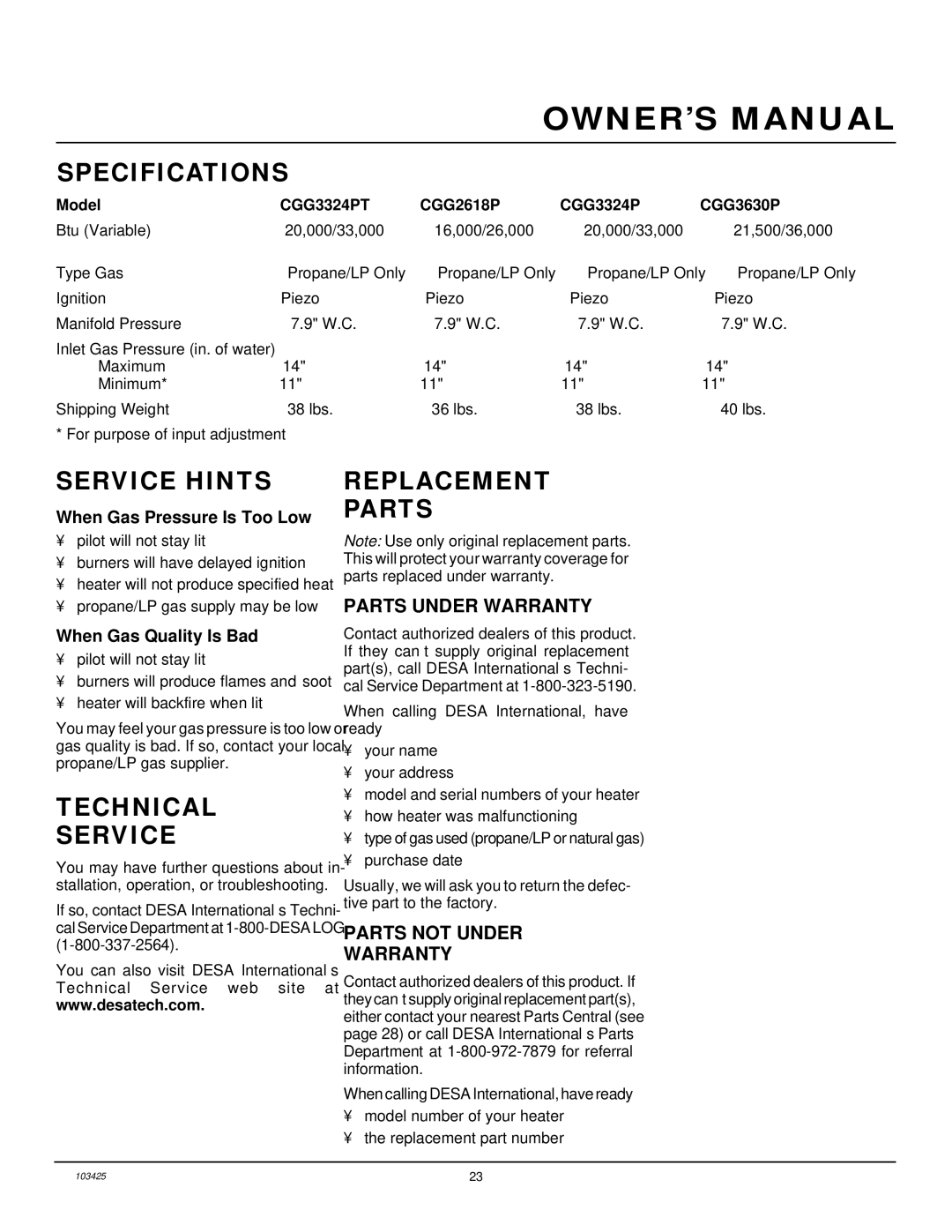 Desa CGG2618P, CGG3630P, CGG3324P(T) installation manual Specifications, Service Hints, Technical Service, Replacement Parts 